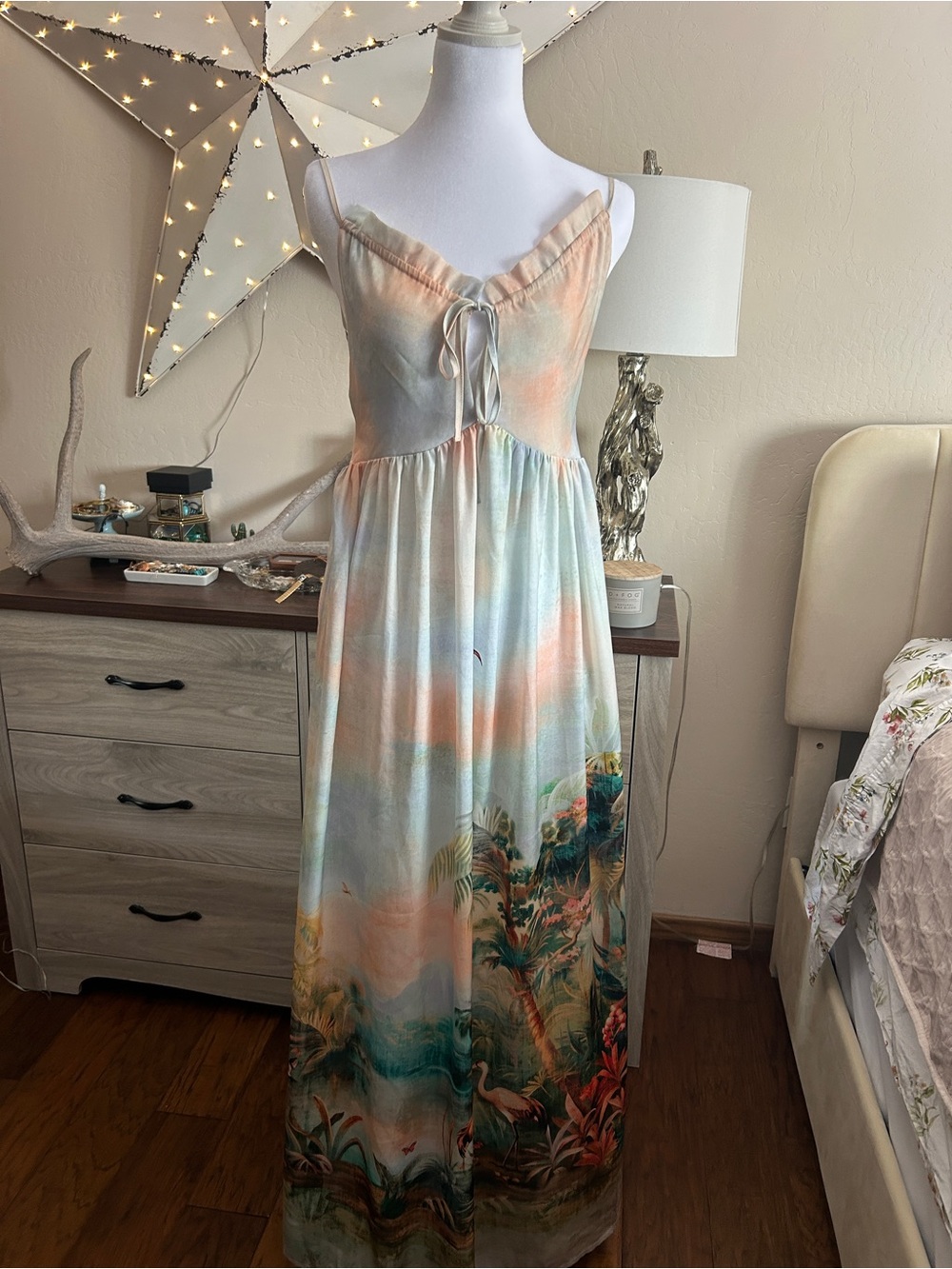 Celandine Pastel Tropical Tie-Front Maxi Dress